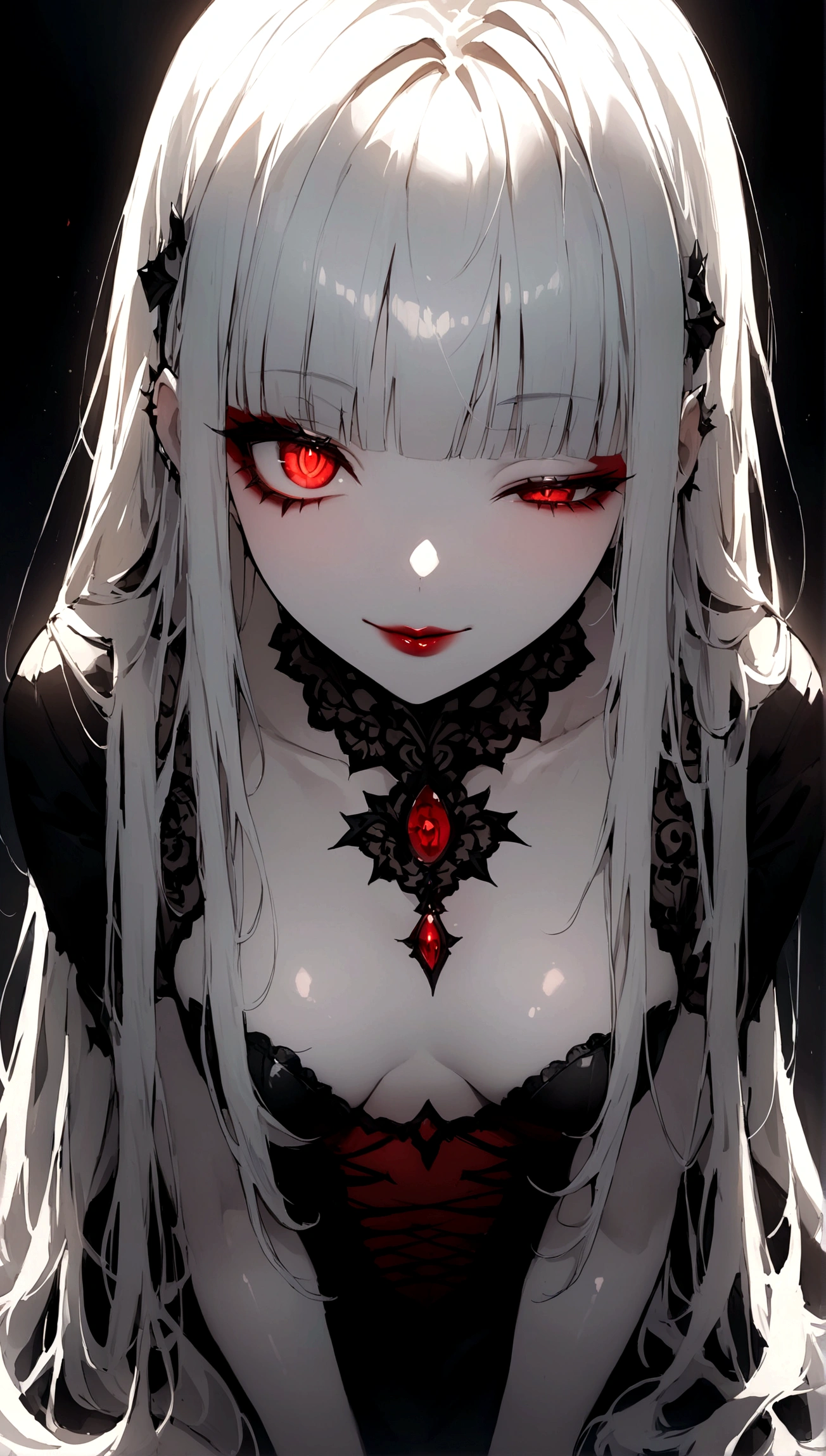 Beautiful Christian woman , white hair , Eyes red , black gown , rise the sunlight , piercing look and red lipstick