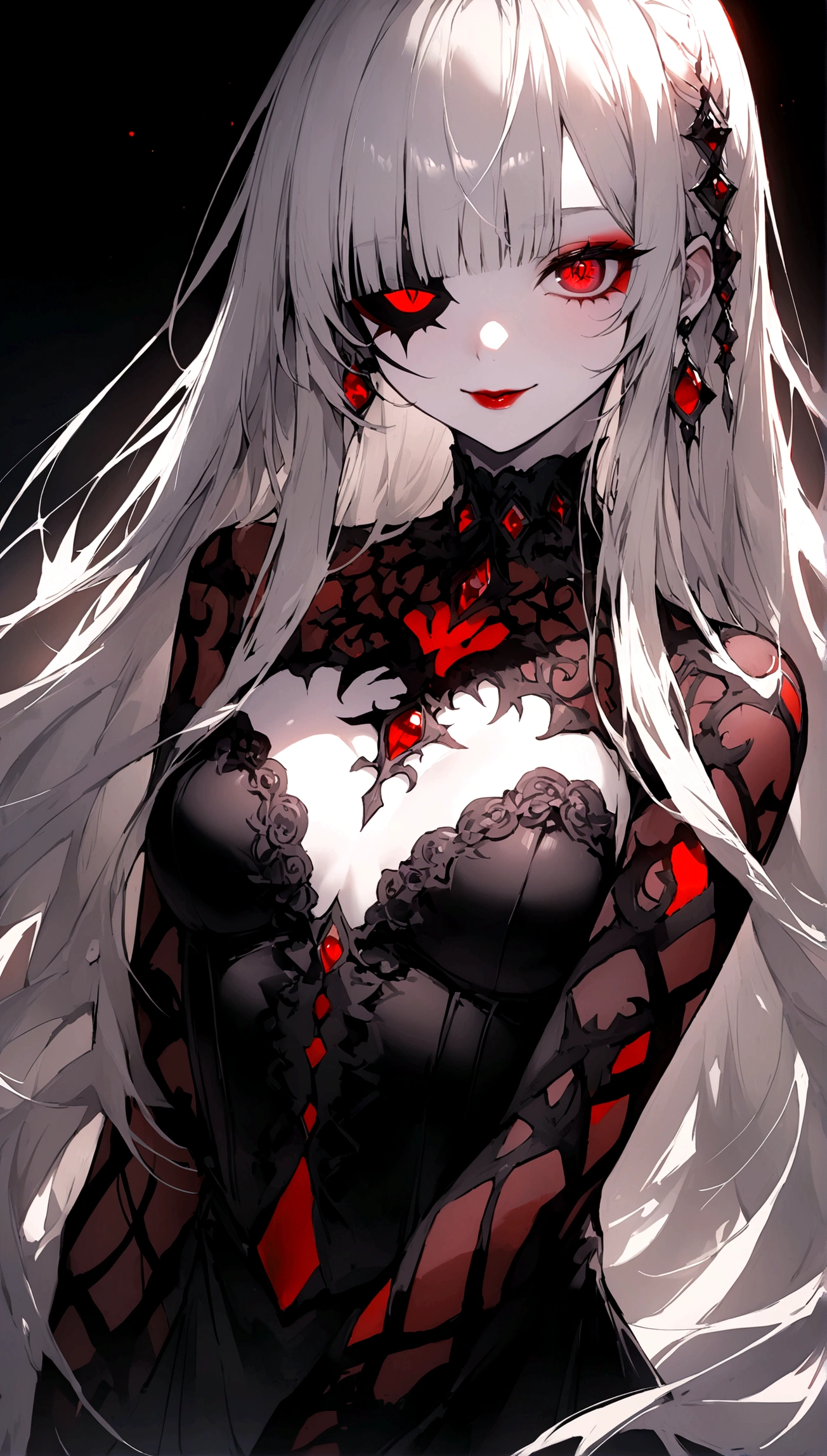 ((Absolute Resolution、Absurd、Dynamic lighting、High resolution、masterpiece、Highest quality)、Black background、((moonlight))、((wing:1.3))、1 girl、Silver Hair、Shiny Hair、Very long hair、Blunt bangs、Very red lips、Watching the viewer、Symbol-shaped pupil、(((Half an eye)))、(Fake smile)、(Chest ribs)、Very red eyes、Narrow pupils、Gothic Makeup、Red eyeliner、Red eyeshadow、Light beige skin