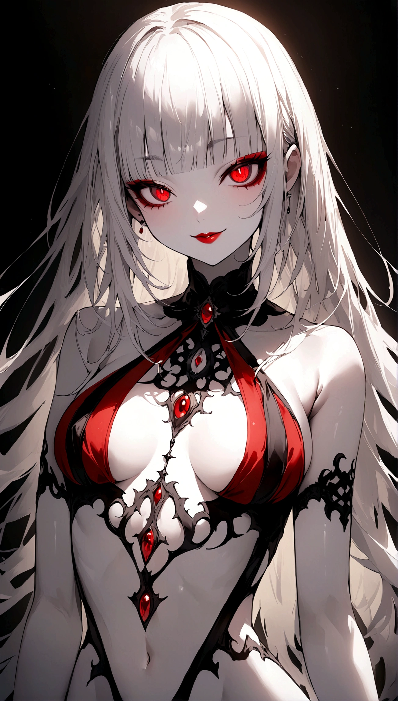 ((Absolute Resolution、Absurd、Dynamic lighting、High resolution、masterpiece、Highest quality)、Black background、((moonlight))、((wing:1.3))、1 girl、Silver Hair、Shiny Hair、Very long hair、Blunt bangs、Very red lips、Watching the viewer、Symbol-shaped pupil、(((Half an eye)))、(Fake smile)、(Chest ribs)、Very red eyes、Narrow pupils、Gothic Makeup、Red eyeliner、Red eyeshadow、Light beige skin