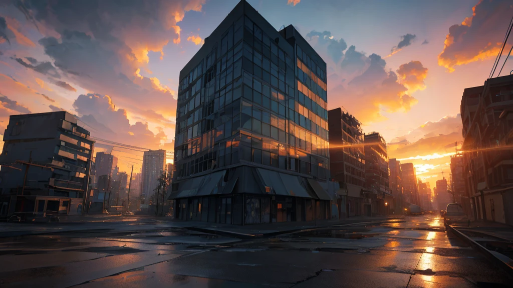 a masterpiece, gorgeous sunset, abandoned modern city street, empty street, clouds, dramatic lighting, cinematic composition, muted color palette, abandoned buildings, overgrown vegetation, detailed architecture, atmospheric, photorealistic, cinematic, high quality, 8k, hyper detailed, volumetric lighting, dramatic shadows, intricate details, seamless, cohesive, visually stunning