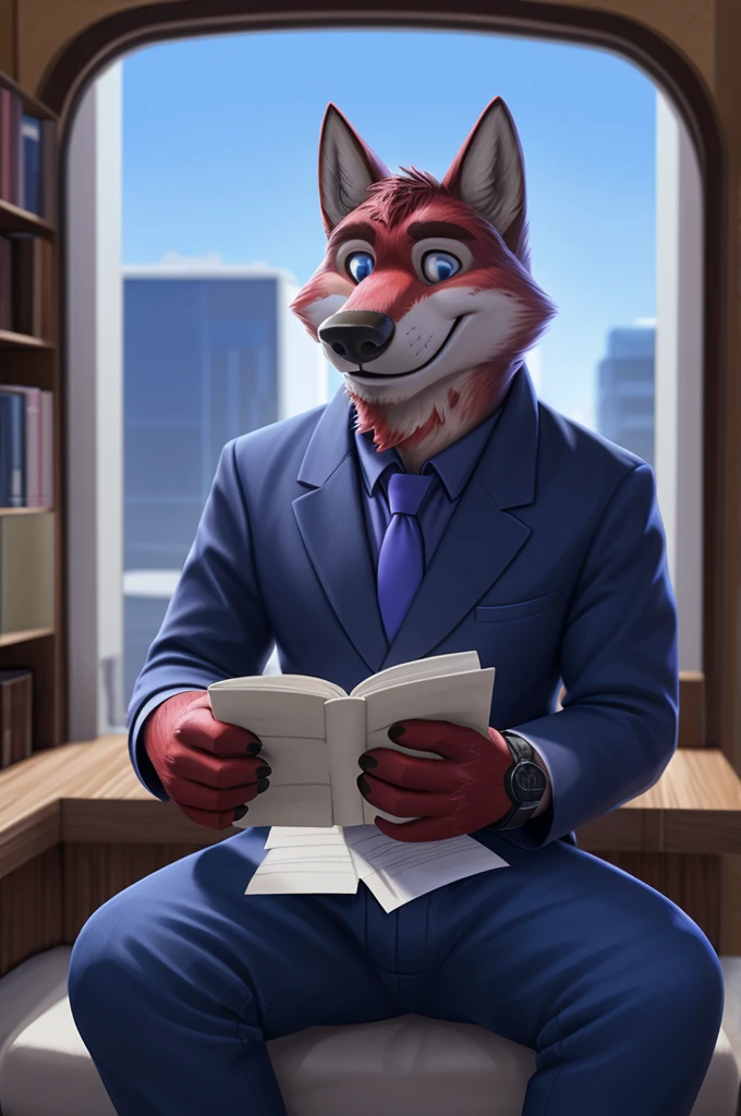 Ivan Fedorovich Wolfbach (Novosibirsk) ,tall handsome, wolf,young, 24 years, brown fur,Kind,(red body:1.3),beautiful blue eyes,Novosibirsk,dressed, purple shirt, purple blue tie, blue pants, , wolf, detailed fur, male,paw pads, finger claws,At the viewer, 5 fingers, paws, 5 fingers, smile, wrist watch, т nextel,by xenoforge, (difficult, high detail, digital photography, soft focus, RAW variety вкдущий передачи,Very close to the camera, variety,Novosibirsk, smile, good mood, positive, Very close to the camera, is sitting, poet of books, is sitting за компьютером столом, apartment, holding a pen, 
Photorealism, realistic, digital style, Subsurface scattering,I look at the viewer,smdit writes a book, a glass of water, handle, paper, 
masterpiece, Best quality, ultra realistic, 8 thousand.)