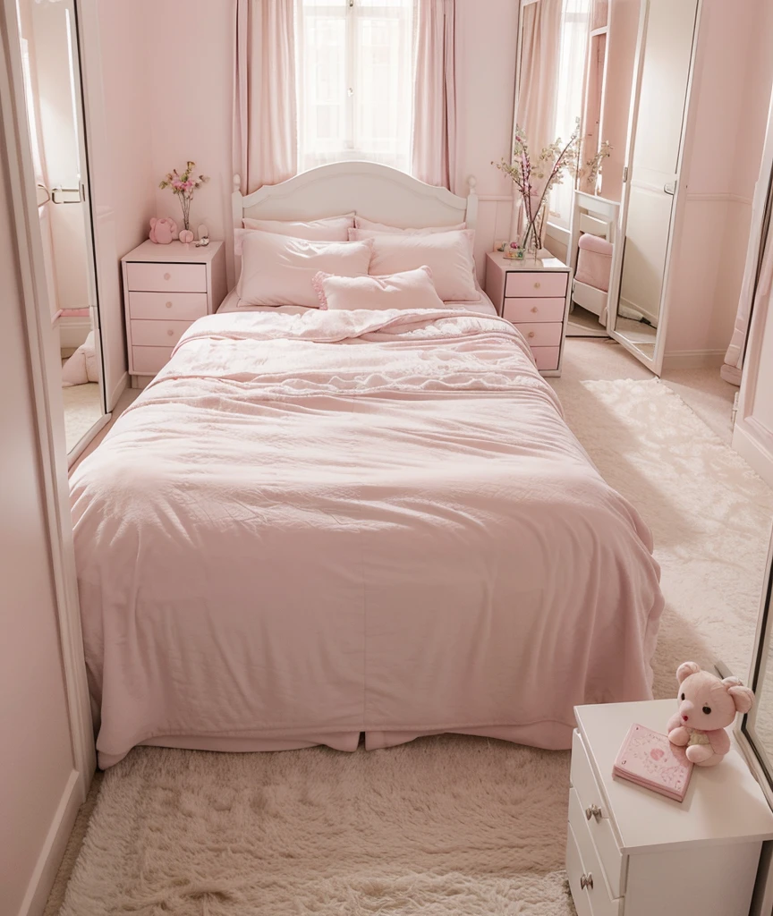 a room with a glass window a big soft pink bed with a teddy bear,un closet ,a white dresser and a television and a large mirror