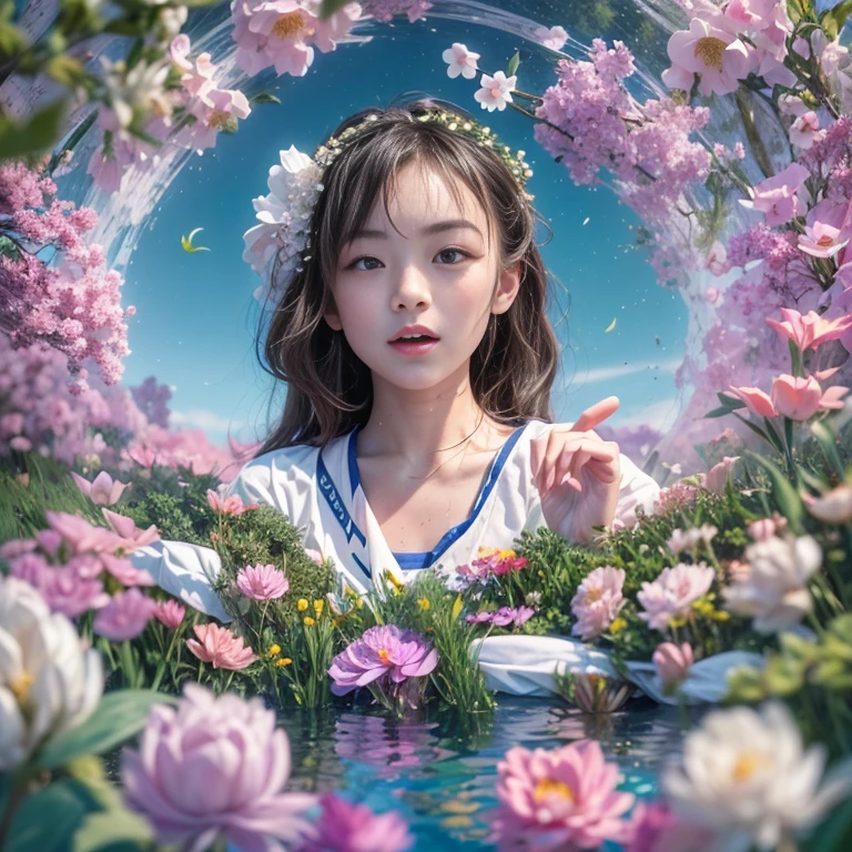 ExtremelyDetailed(ProfessionalPhoto of Girl Floating in the Sky:1.37), 280th floor infinity pool,The tallest building in the urban forest, {Around bonsai|Luo Han Song|coconut palms|tulips|Rose flower}, (Masterpiece 8K TopQuality:1.2), (ExtremelyDetailed KAWAII face Eyes:1.28){ElaboratePupils with (SparklingHighlights:1.28)|DoubleEyelids with (Voluminous LongEyelashes:0.88)|RosyCheeks} BREAK Detailed impeccable Radiant PearlSkin with Transparency, Skinny(SchoolSwimwear:1.28) beautiful graceful {(HiddenHand)|((Corrected BabyLikeHand))} (Whole Body Proportions and all limbs are Anatomically Accurate), (Full of Flowers FlowerWreath WrappedBody Flowers Covering girl's body)ColorfulSky(extra limbs:-1.4)