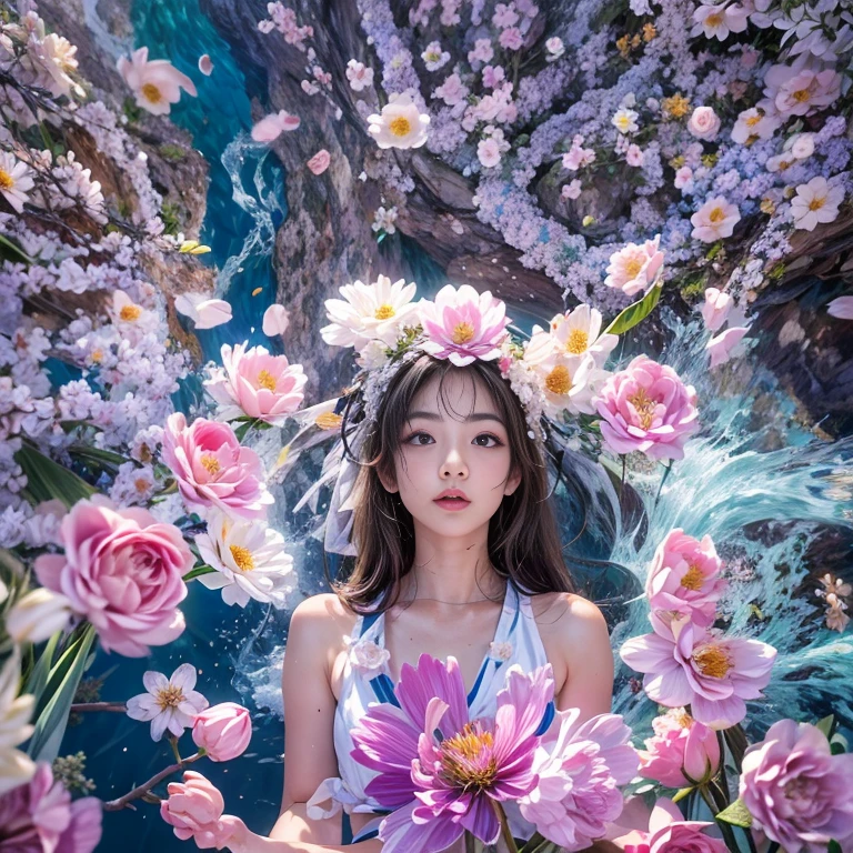1girl,flower, Lisianthus ,in the style of light pink and light azure, dreamy and romantic compositions, pale pink, ethereal foliage, playful arrangements,fantasy, high contrast, ink strokes, explosions, over exposure, purple and red tone impression , abstract, ((watercolor painting by John Berkey and Jeremy Mann )) brush strokes, negative space,