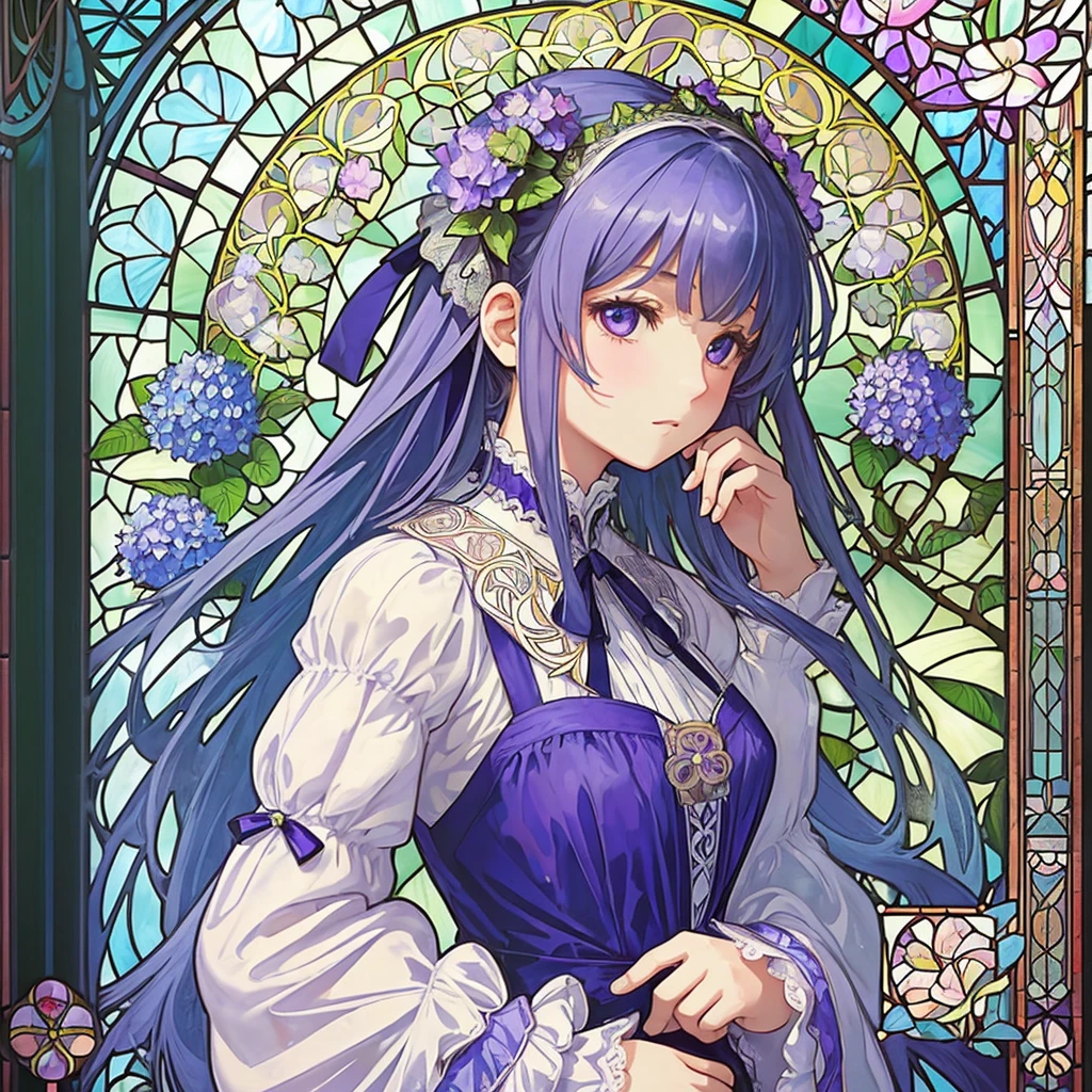 (((1 girl ))), masterpiece, highest quality, beautifully、aesthetic: 1.2, gem, Quality lace, Detailed frame, Flowers, Hydrangea, leaf, A beautiful girl fits into the frame, (Alphonse Mucha Style), (beautiful stained glass background), light blue purple colorful hair, dreamy, looking back, Gothic ta