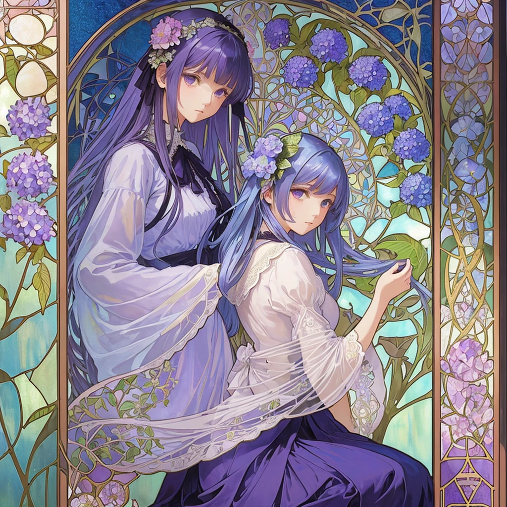 (((1 girl ))), masterpiece, highest quality, beautifully、aesthetic: 1.2, gem, Quality lace, Detailed frame, Flowers, Hydrangea, leaf, A beautiful girl fits into the frame, (Alphonse Mucha Style), (beautiful stained glass background),  light blue purple colorful hair, dreamy, looking back, Gothic Lolita