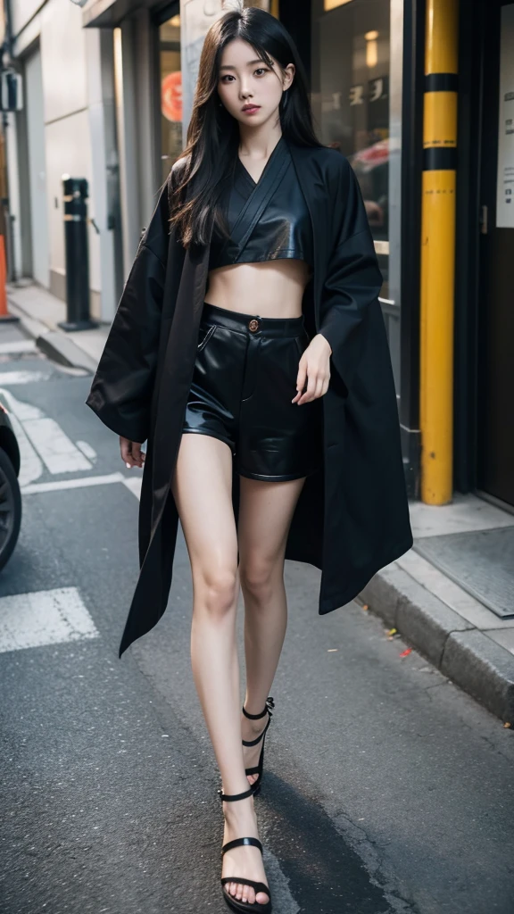 Japanese girl wearing a black robe jacket wearing a crop top and black trousers, wearing sandals, black long hair details, has a slim stomach, photo on the sidewalk, 32k 8k