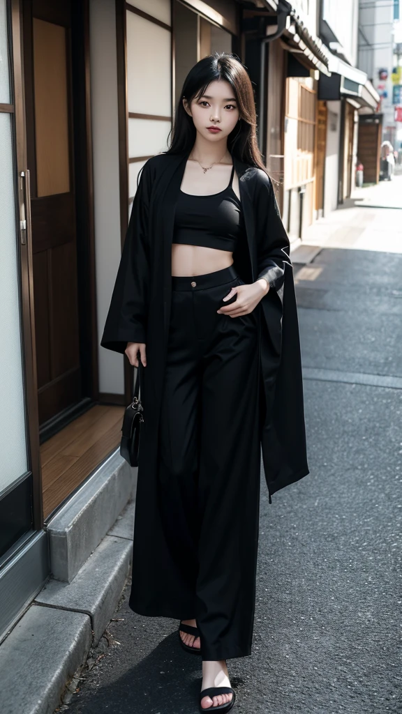 Japanese girl wearing a black robe jacket wearing a crop top and black trousers, wearing sandals, black long hair details, has a slim stomach, photo on the sidewalk, 32k 8k