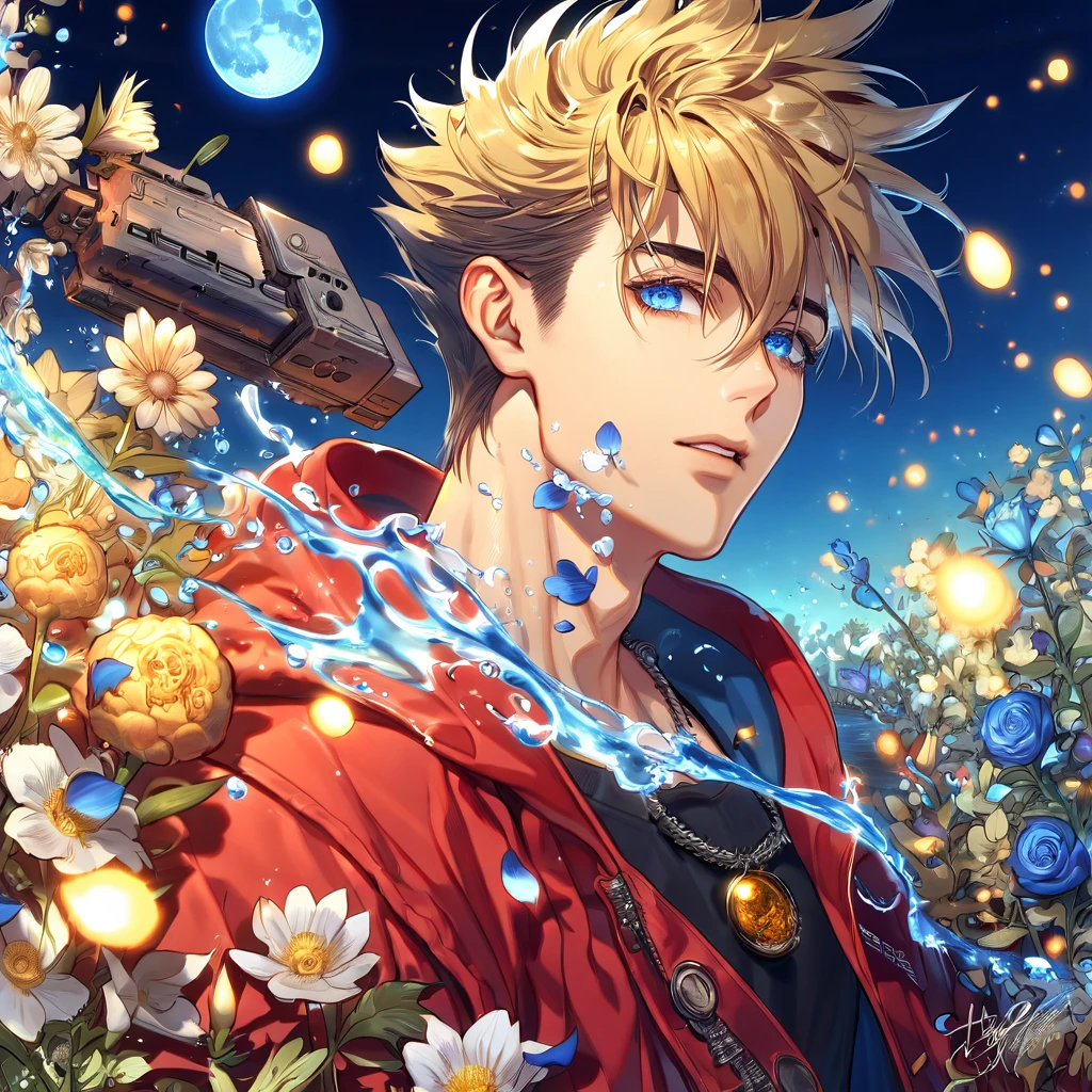 absurdres, highres, ultra detailed, HDR, master piece, Vash Stampede, blond hair, expressive blue eyes, amber round sunglasses, red coat with a hoddie, Trigun, sexy man, handsome, best quality, blue moon, flowers, fantasy, magical, solo, water, blue shining fireflies, black shirt, blue petals