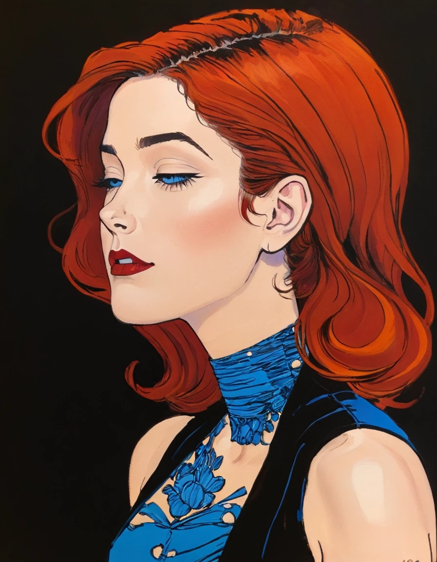 in style of graphic novel , portrait,in style of Joelle Jones, UV light across face character, ink art, side view