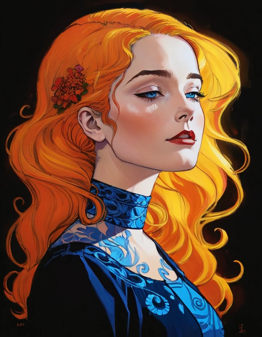 in style of graphic novel , portrait,in style of Joelle Jones, UV light across face character, ink art, side view