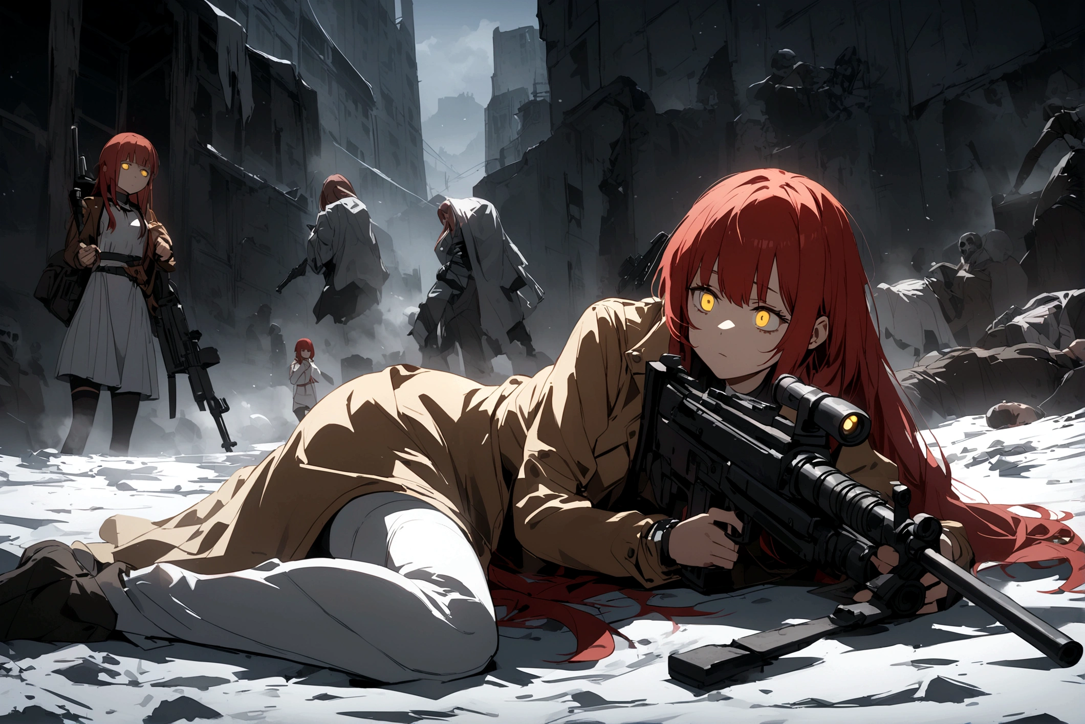 Red-haired girl, Yellow eyes, cold and dead eyes, holding a gun, met by a dead person with a machine gun 