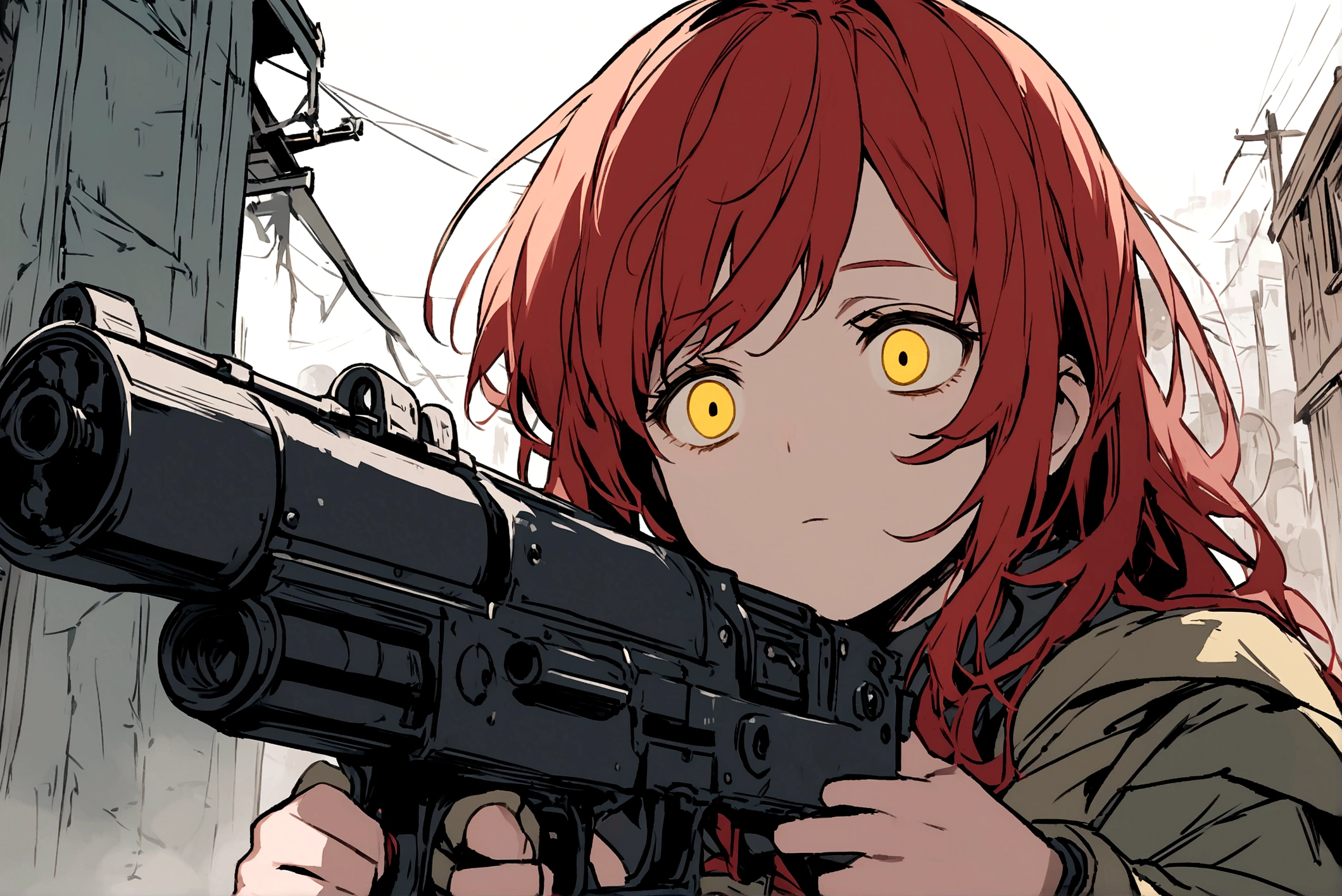 Red-haired girl, Yellow eyes, cold and dead eyes, holding a gun, met by a dead person with a machine gun 