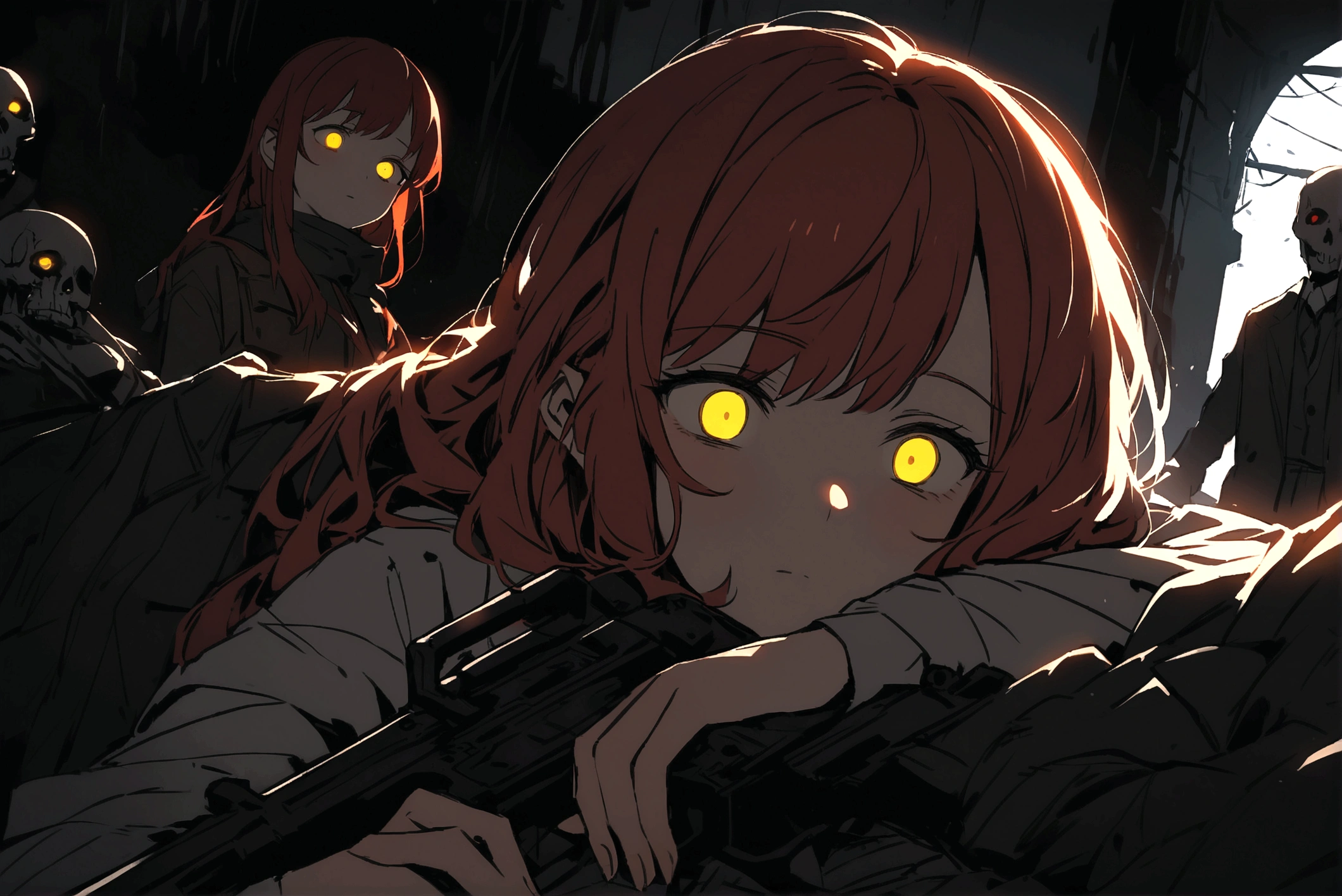 Red-haired girl, Yellow eyes, cold and dead eyes, holding a gun, met by a dead person with a machine gun