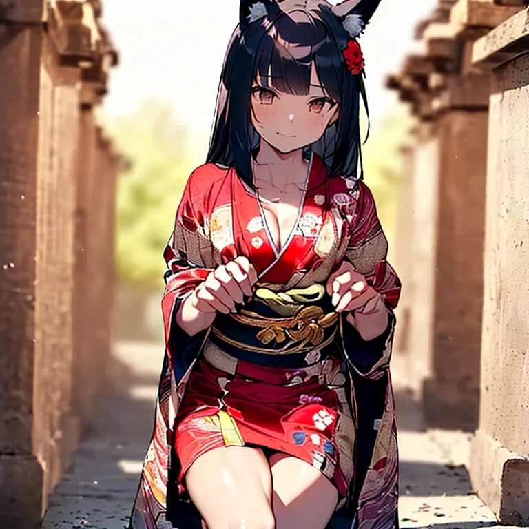 (Fox Girl, Fox Ears, Black colored hair, Fox Makeup, One Girl, Long Hair:1.6), (kimono, Kimono with open chest, A beautiful kimono with red and black patterns, I can see her cleavage, Open chest, Exposed skin:1.8), (Body measurements are 75-60-75!, Young girl body, Small breasts, Small breasts, Emphasize the chest, Knees are slightly visible, Muscular, Abdominal muscles, Hide your own chest with your hands:1.9), Avatar, face, lewd face, Dominant representation, naughty face, Uplifting, Skin Texture, outside, Grassy field