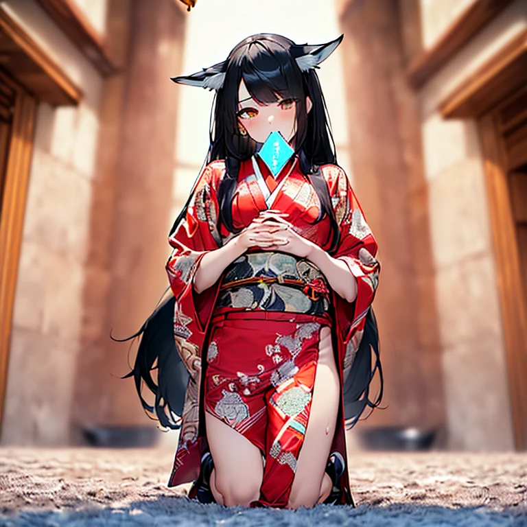 (Fox Girl, Fox Ears, Black colored hair, Fox Makeup, One Girl, Long Hair:1.6), (kimono, Kimono with open chest, A beautiful kimono with red and black patterns, I can see her cleavage, Open chest, Exposed skin:1.8), (Body measurements are 75-60-75!, Young girl body, Small breasts, Small breasts, Emphasize the chest, Knees are slightly visible, Muscular, Abdominal muscles, Hide your own chest with your hands:1.9), Avatar, face, lewd face, Dominant representation, naughty face, Uplifting, Skin Texture, outside, Grassy field
