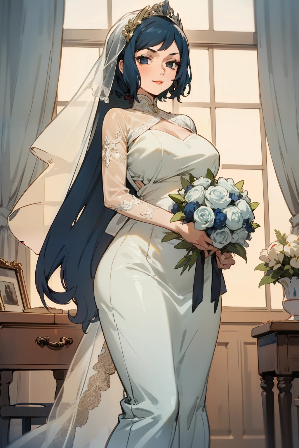Night time,(Masterpiece), Best Quality, ultra-detailed, 1girl (rinko_iori, huge and pretty , wide hips, dark blue hair, long wave hair, blue eyes, empty eye, half-closed eyes), evil face, smirk ,parted lips, mascara, full makeup, red lipstick, facing viewer, looking at viewer, solo, white wedding dress, see-through dress, ornate dress, long dress, bows, wide skirt, white veil,bouquet grab , bows, in the livingroom, standing, , Frontal Shots ,