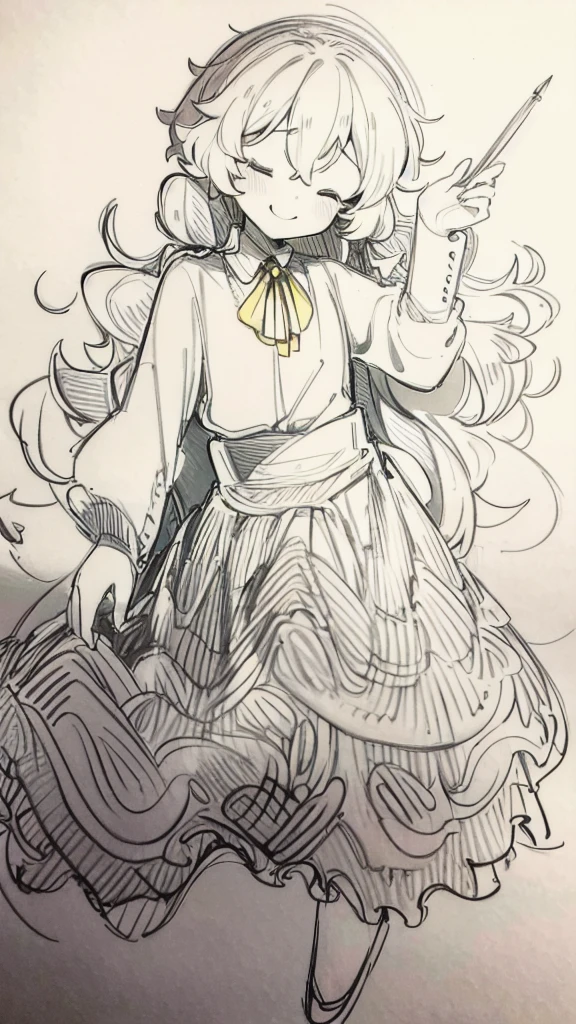 monochrome, eyes closed, yellow bow, smile, little detailed, Contours, hand-drawn, pencil outlines, sketch type, few facial features