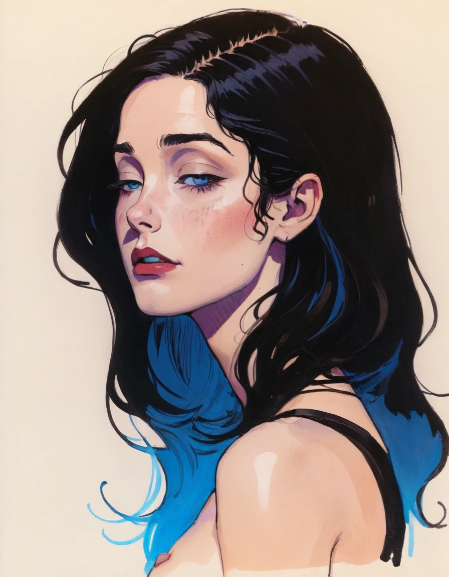 in style of graphic novel , portrait,in style of Joelle Jones, UV light across face character, ink art, side view