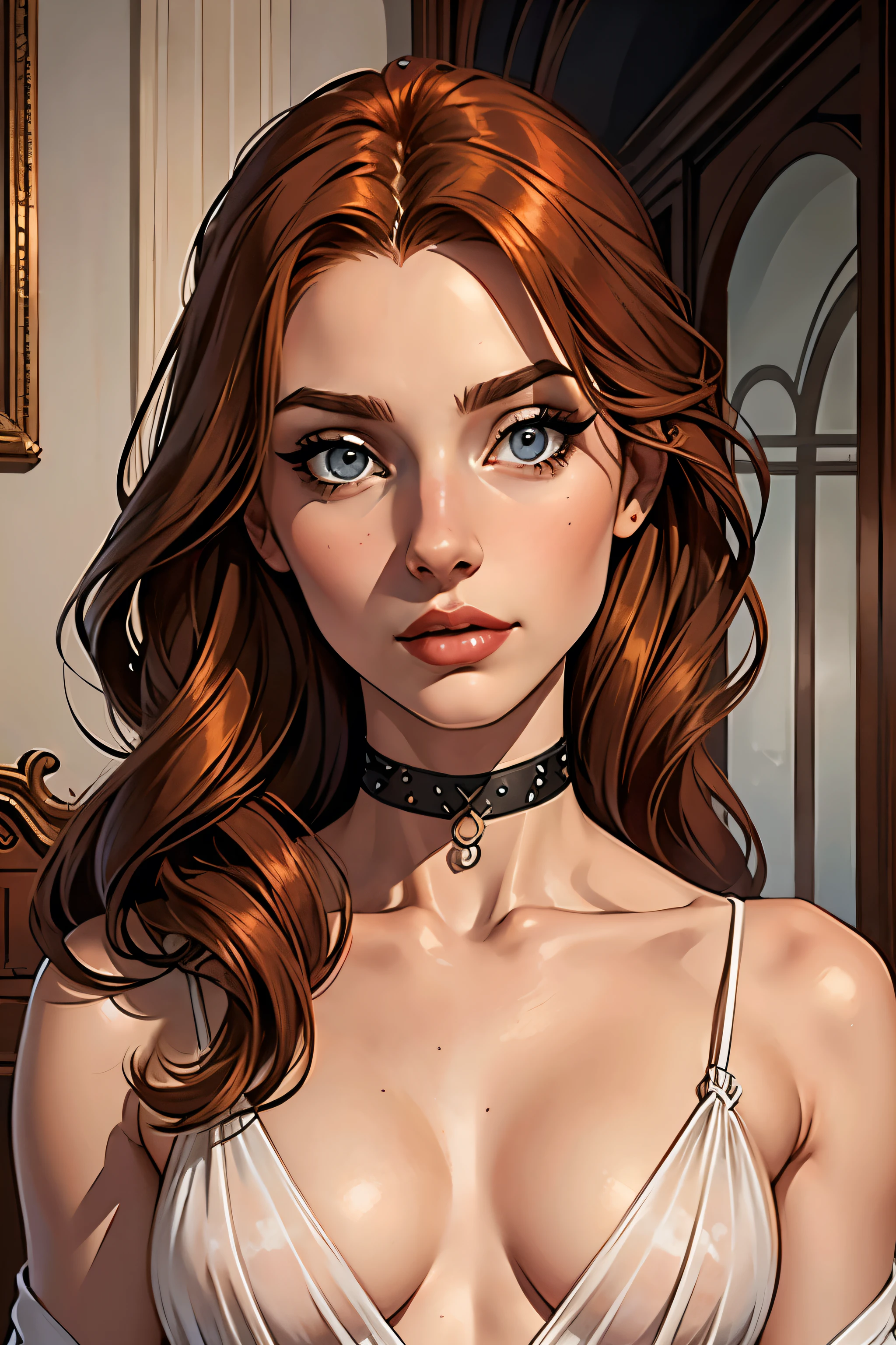 best qualityer, work of art, (realisitic: 1.2), 1 girl, slender girl, ginger hair, eyes browns, 3/4 view, face detailed, gorgeous eyes, eyes gray, eyes large, breasts small, choker, see through gown