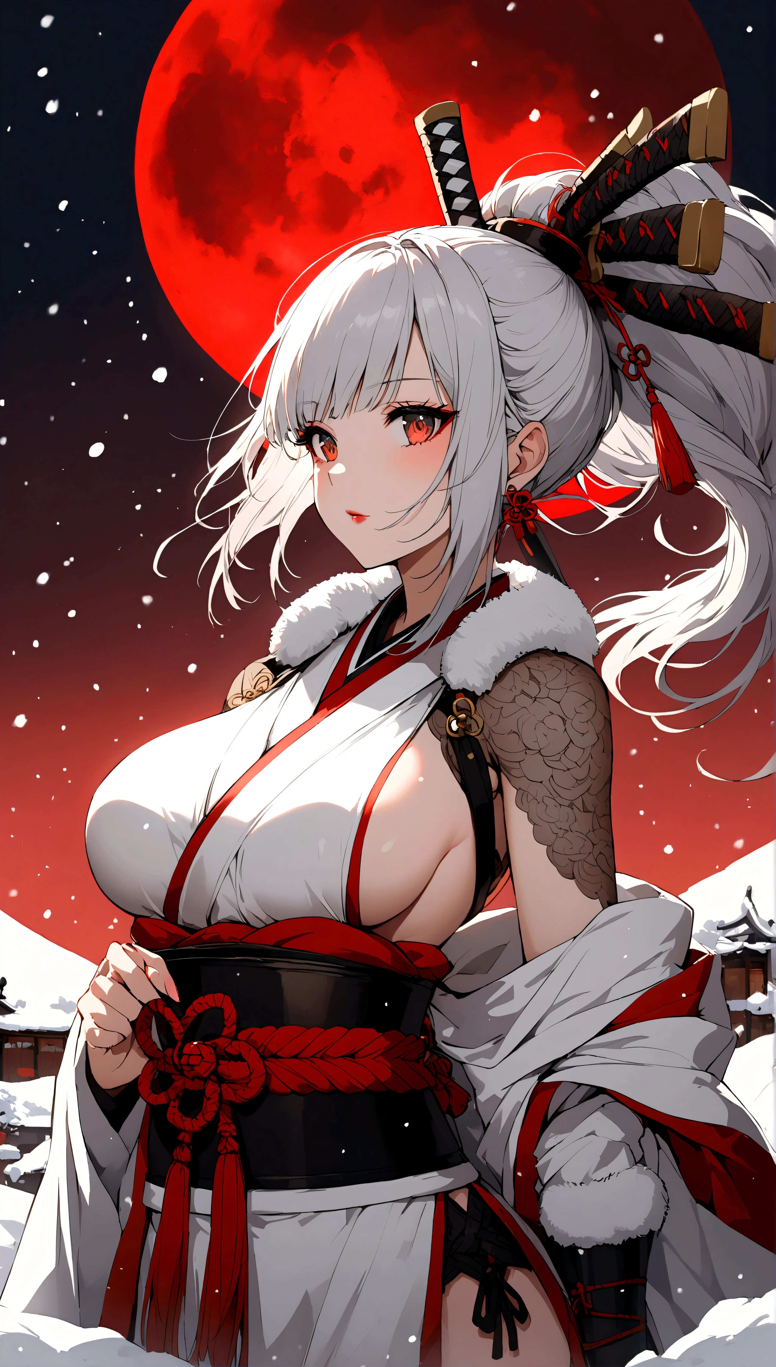 (Silver hair, (Samurai Girl), red moon, snowy background, beautiful breasts