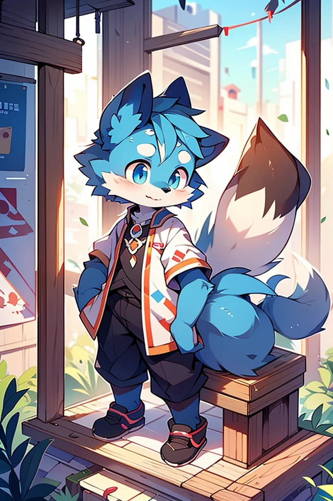 Blue fur, Canine, fox motif, boy, uniform,Tall，Estrus，Cute face，