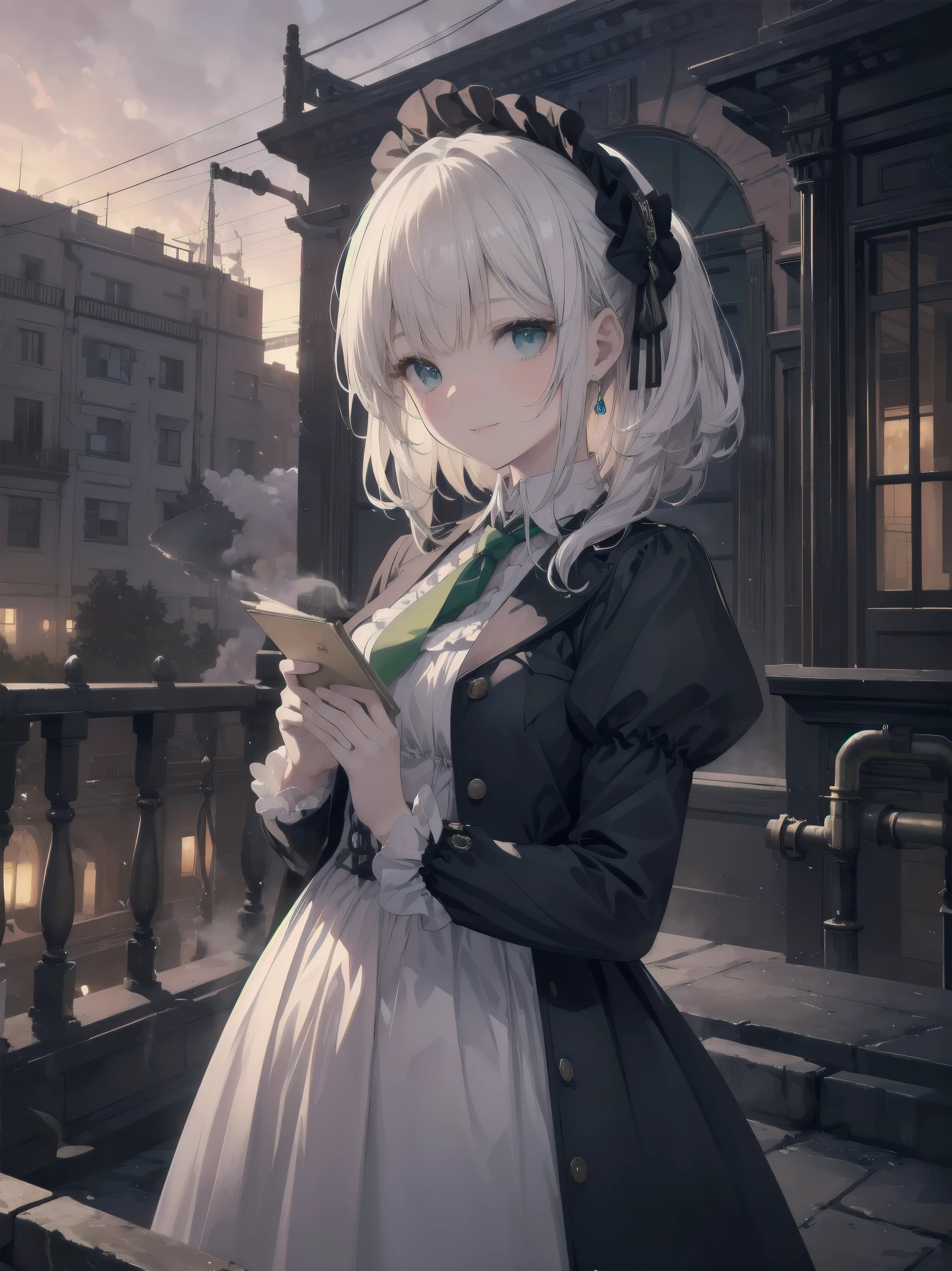 (Highest quality、16K、masterpiece、Ultra-high resolution、Victorian era、Photorealistic:1.2)、A delicate Lolita girl, aged 13, stands on a castle balcony at dusk, surrounded by the city's skyline and steampunk contraptions. Her platinum hair is messy, framing her androgynous charm. She wears a flowing white dress with a light green tie and holds a pocket watch in hand. A subtle smile plays on her lips as she gazes out at the night view, her eyes shining like sapphires. The air is filled with steam spewing from pipes, adding to the surreal atmosphere. Her skin glows with an ultra-dense texture, and her fingers are full and detailed.
