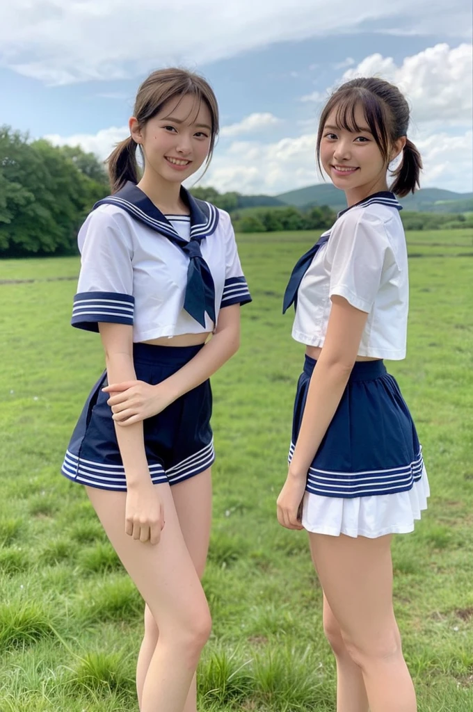 2 girls in rural field,cumulonimbus cloud in summer blue sky,white sailor shirt,white thong with flipped navy blue frills up,18-year-old,bangs,a little smile,thighs,knees,short hair with low pigtails bunches,from beside,front light