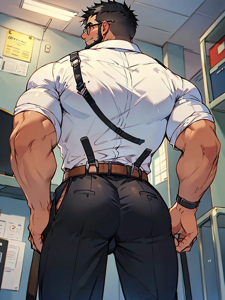 4k, masterpiece, high resolution:1.2, 1 man, solo, bara, muscular, big physique, crew cut hair, facial hair, chest, wide shoulder, biceps, thighs, triceps, butt, black hair, cute smile, friendly, standing in an office, wearing formal trousers, wearing formal stripes pattern office shirt, wearing glasses, upstairs office in the background, ultra detailed, shredded muscle, flat style (((wearing harness))) (((view from the bottom behind him, thick huge ass)))