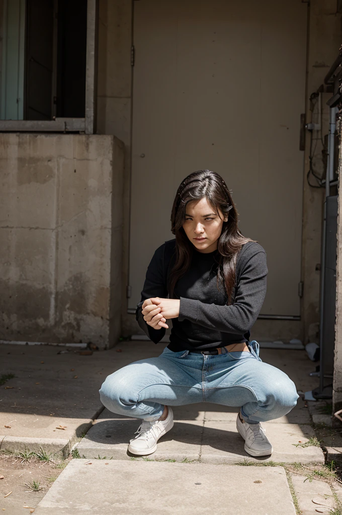 the character is sitting squatting