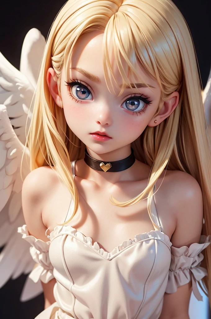hyperrealistic angel teen, blonderfect tiny body, sexy, dark makeup, small choker, perfect slim face, big red lips, very cute face, tiny body, big eyes, young looking, childish looking, angel wings on her back, angelic aura