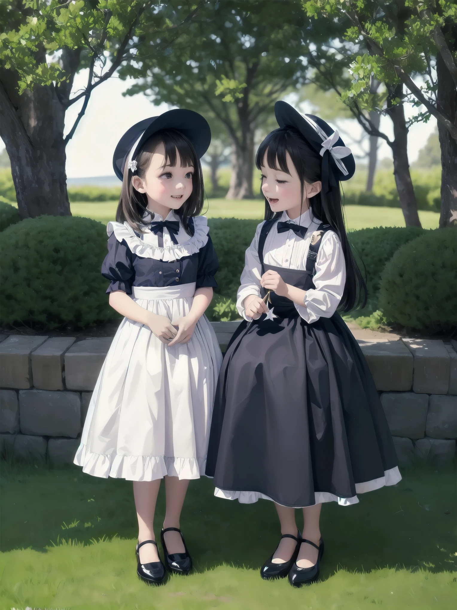 A serene outdoor scene unfolds at dusk, with a brilliant blue sky transitioning into a canvas of twinkling stars. A beautiful young girl, dressed in a stunning white and black gothic maid dress adorned with a navy blue ribbon, stands amidst lush green grass. Her companion, a delightful toddler, dons a charming maid hat with ruby accessories, complemented by black stockings and shoes. The little one beams with joy, smiling brightly as they gaze up at the celestial display together