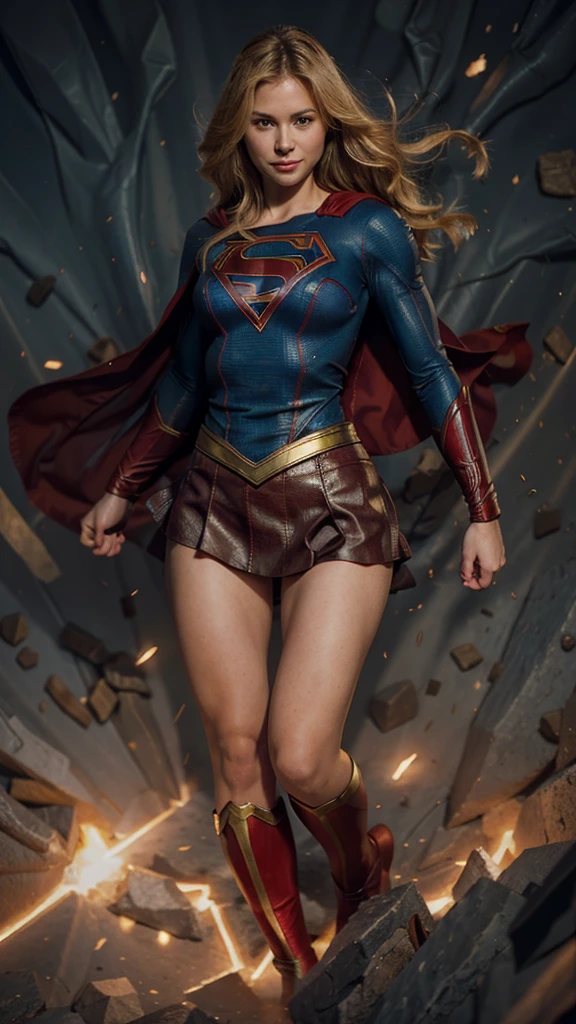 The character Supergirl, extremely realistic costume, extremely realistic anatomy, shy smile, beautiful woman, beautiful blond hair
