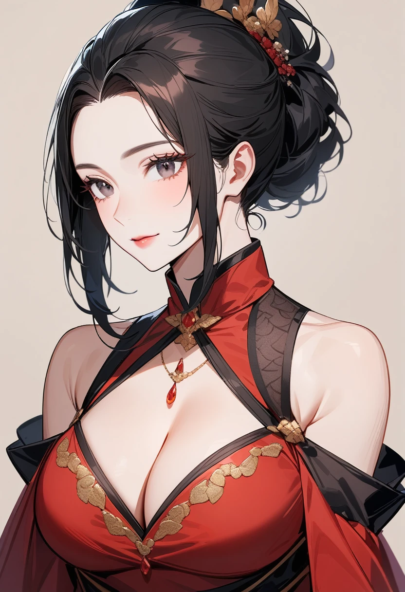Mature women,Black long hair,Hair up,Red costume,Showing cleavage,Show your shoulders,Beautiful black eyes,Extremely detailed,high resolution,Simple background