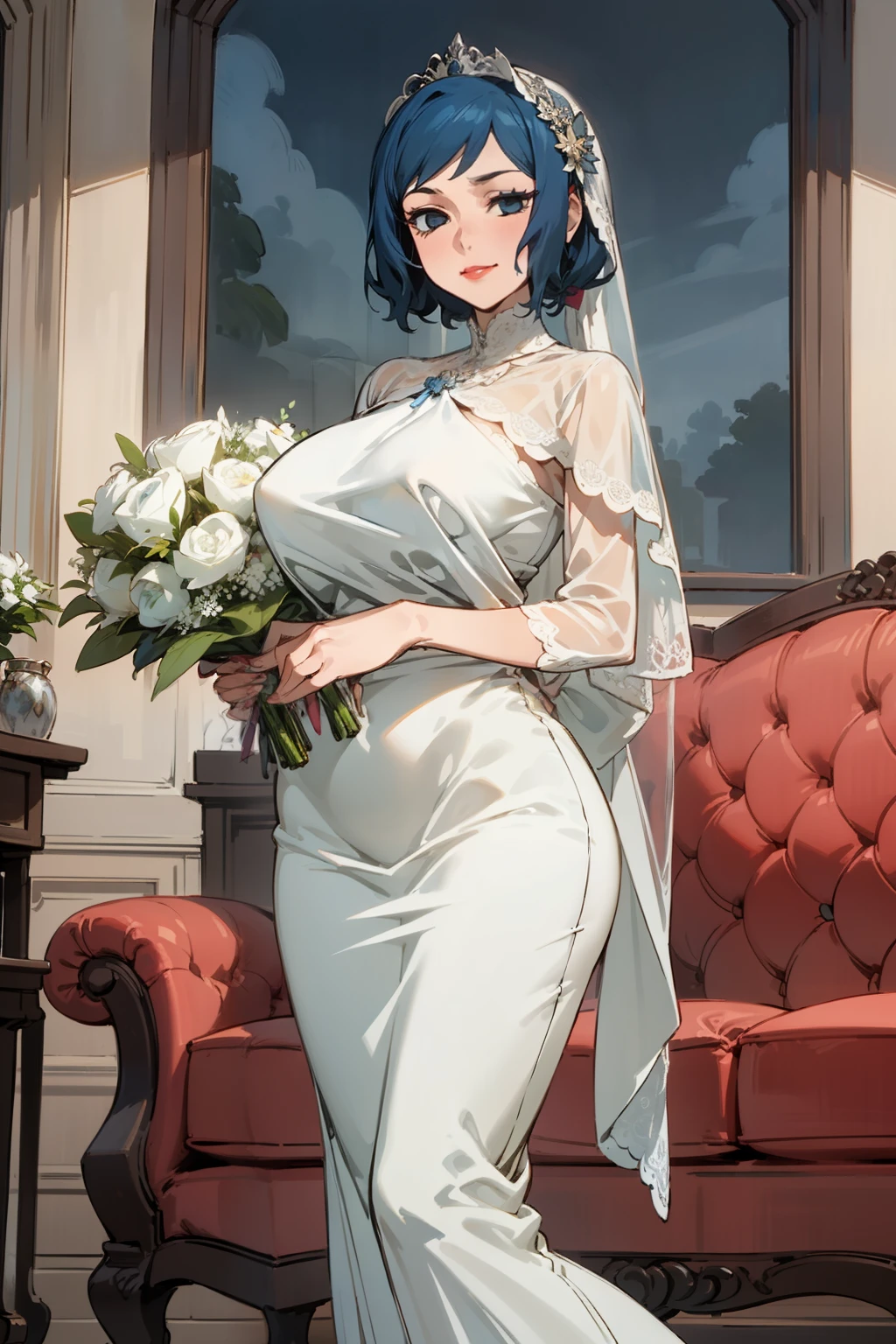 Night time,(Masterpiece), Best Quality, ultra-detailed, 1girl (rinko_iori, Slender and sexy body, huge and pretty breasts, wide hips, dark blue hair, long wave hair, blue eyes, empty eye, half-closed eyes), evil face, smirk ,parted lips, mascara, full makeup, red lipstick, facing viewer, looking at viewer, solo, white wedding dress, see-through dress, ornate dress, long dress, bows, wide skirt, white veil,bouquet grab , bows, in the livingroom, standing, , Frontal Shots ,