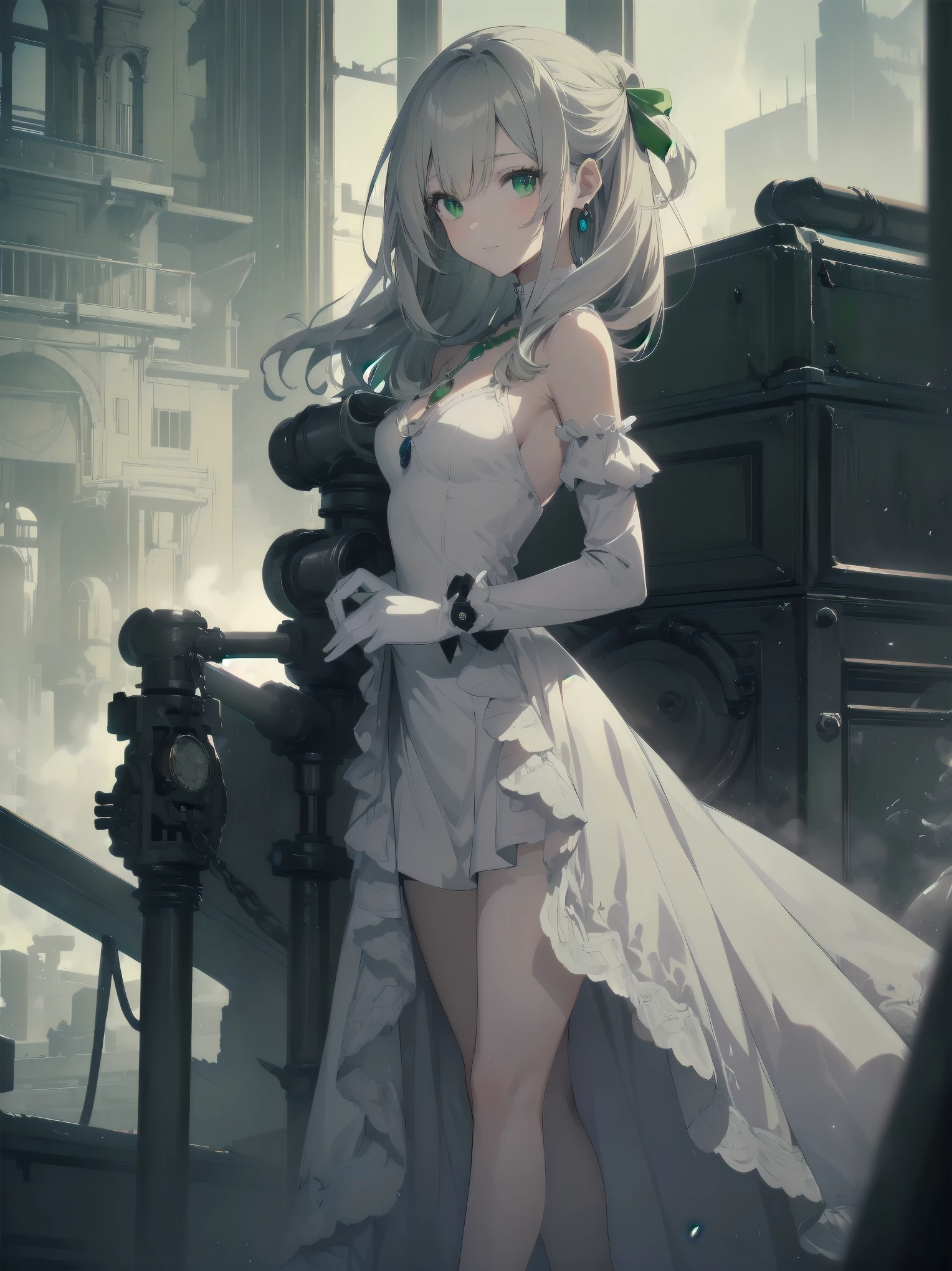 (masterpiece:1.2), (Highest quality:1.2), Ultra-high resolution, Very detailed, break, ((Anime girl standing with a pocket watch in her hand)), Surreal Girl, (1 person,Lolita,boyish, , 13 years old:1.3), A light smile, , The charm of androgyny, Long Hair, ((Platinum Hair)), Messy Hair, small and soft breasts,Slender body, Small Ass, Small green eyes,Fine and beautiful eyes, Well-proportioned iris and pupil, Expressive eyes, Beautiful and detailed lips, High resolution detailed hair, Perfect Eyes, Perfect Face, ultra high density skin, Full Finger, Perfect lighting, break, ((Light green necklace)), ((White Dress:1.3)), light green tie, Sparkling Sapphire, Lady, Wear white gloves, break, (steampunk), Castle balcony, Skyscraper, Night view, Equipment, pipe, (Steam spewing out from pipes:1.2), Fantasy, break, ((Positive:1.3)), break, Digital anime art,Anime style illustrations,Anime illustration