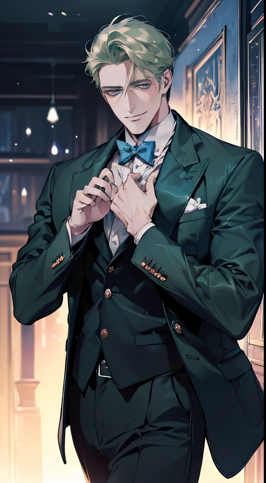 (best quality, masterpiece, 8K, photorealistic, cinematic lighting, 1:4 hdr image, ultra detailed, beautiful image), a mature man, 35 years very handsome, ((cold expression smile in love)), short green hair, blue eyes, face perfect without mistakes, ((buttoning his jacket, CEO)), smile.