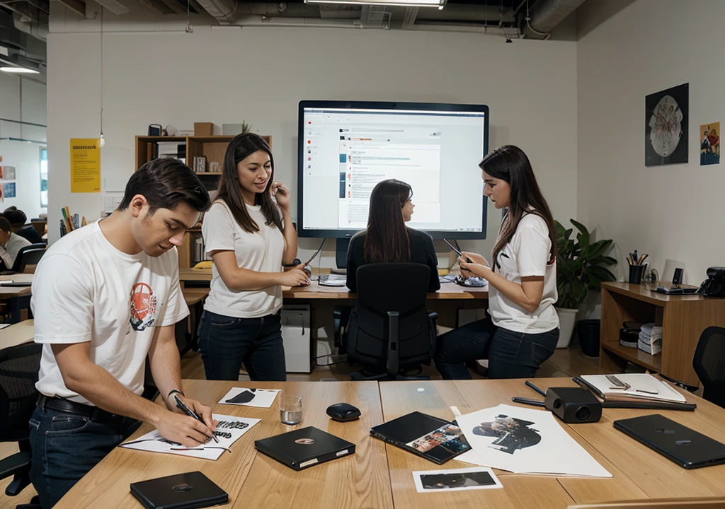 A Designers work environment with several Graphic Designers interacting and creating