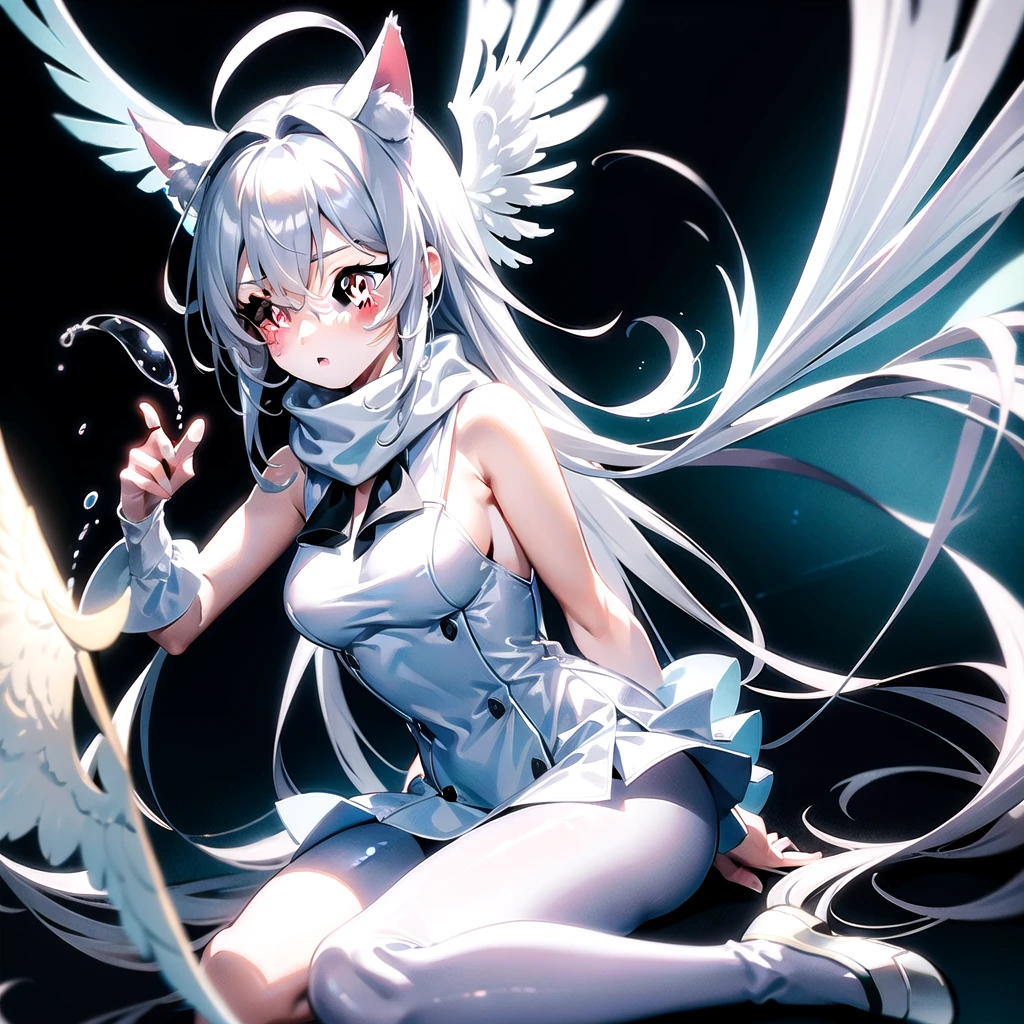 masterpiece, highest quality, highest resolution, clear_image, detailed details, White hair, long hair, cat ears, 1 girl, red eyes, white pantyhose, sci-fi military clothing, white scarf (white scarf around the neckwith a light blue glow), gray futuristic halo (gray halo over the head), white wings (4 wings), cute, no water marks, outer space