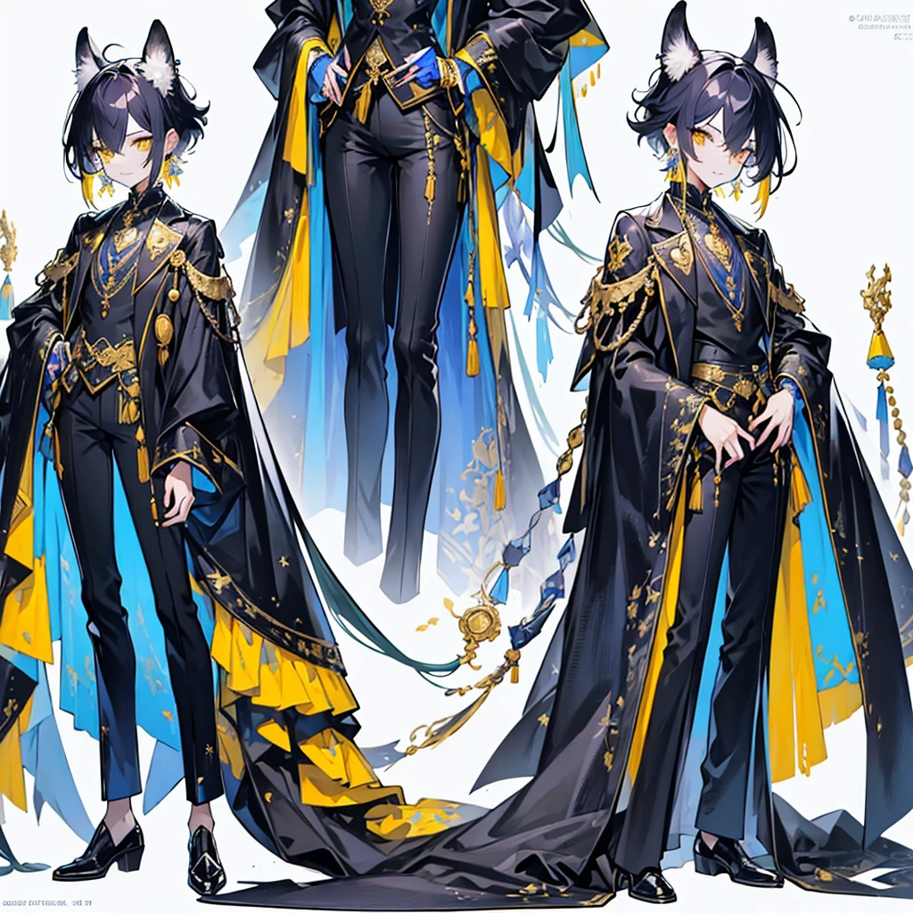 Character OC design, the same person multi-angle painting, multi-angle painting, the theme color is violet, the best picture quality, boy, tall and thin, long legs, handsome, white skin, clothes in white and black colors, gold embroidery on trousers, crystal earrings long earrings, short hair, hair pulled into a small ponytail, thoughtful, intellectual, handsome, detailed face, beautiful eyes, beautiful lips, yellow eyes, detailed clothes, many small details, smiles, sharp teeth, the background is pure white, simple background, bright colors, bright eyes, men's black patent leather shoes, gold cufflinks, thin gold chains on trousers,detailed face, super detailed face, high quality, extremely detailed, (Male characters:1.2),(Boy:1.2), ((Character design)),(Different expressions for the same character:0.8),Pubic area is clear,hyper HD, Exquisite