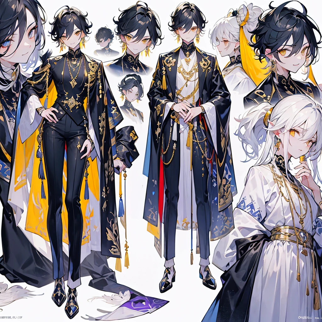 Character OC design, the same person multi-angle painting, multi-angle painting, the theme color is violet, the best picture quality, boy, tall and thin, long legs, handsome, white skin, clothes in white and black colors, gold embroidery on trousers, crystal earrings long earrings, short hair, hair pulled into a small ponytail, thoughtful, intellectual, handsome, detailed face, beautiful eyes, beautiful lips, yellow eyes, detailed clothes, many small details, smiles, sharp teeth, the background is pure white, simple background, bright colors, bright eyes, men's black patent leather shoes, gold cufflinks, thin gold chains on trousers,detailed face, super detailed face, high quality, extremely detailed, (Male characters:1.2),(Boy:1.2), ((Character design)),(Different expressions for the same character:0.8),Pubic area is clear,hyper HD, Exquisite