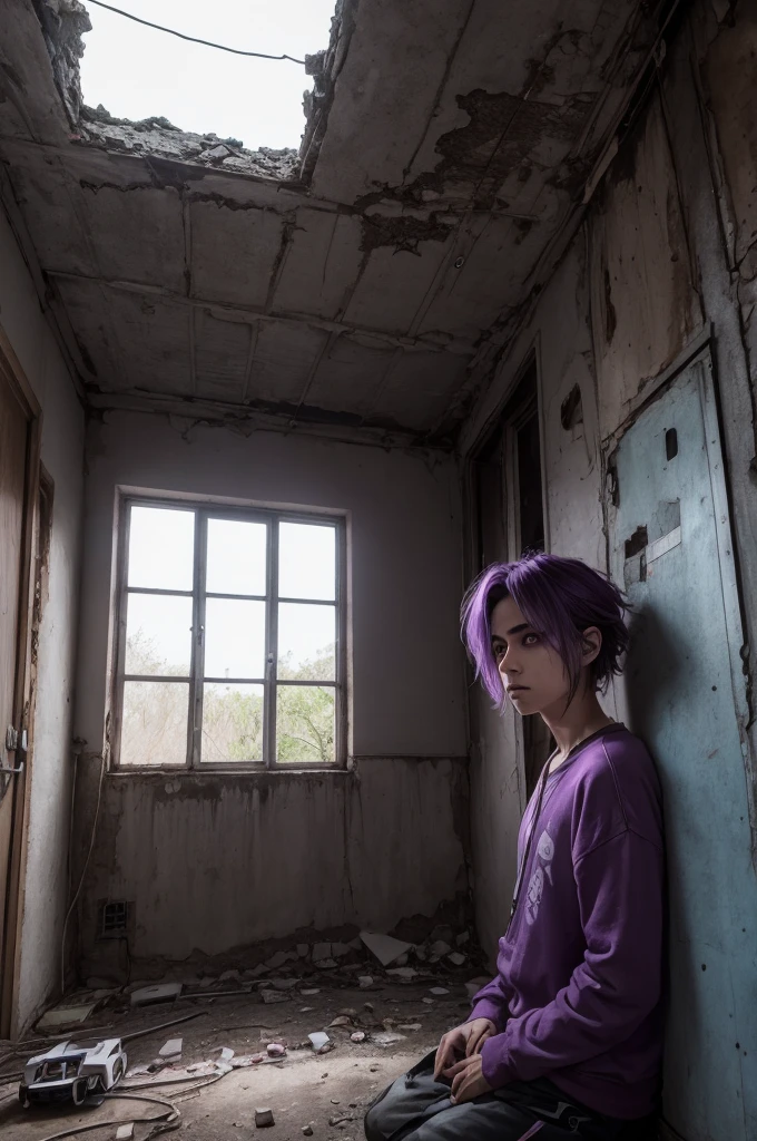 utilizar, Kizi, worker drone, shorth hair, cabelo roxo, lilac eyes, derelict house, dark interior, worried expression