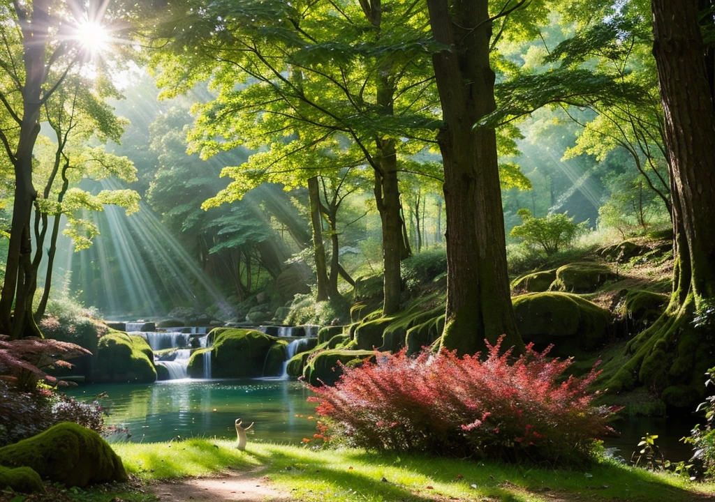Sunlit Forest Glade
“Create a fantasy landscape featuring a sunlit forest glade. The trees are tall and ancient, with their leaves forming a canopy that lets through dappled sunlight. In the center of the glade, there is a sparkling, crystal-clear pond surrounded by vibrant wildflowers. Small, magical creatures like fairies and sprites flutter around, adding an enchanting touch to the serene scene.”