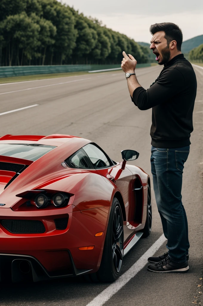 A man shouts angrily in front of a sports car 
