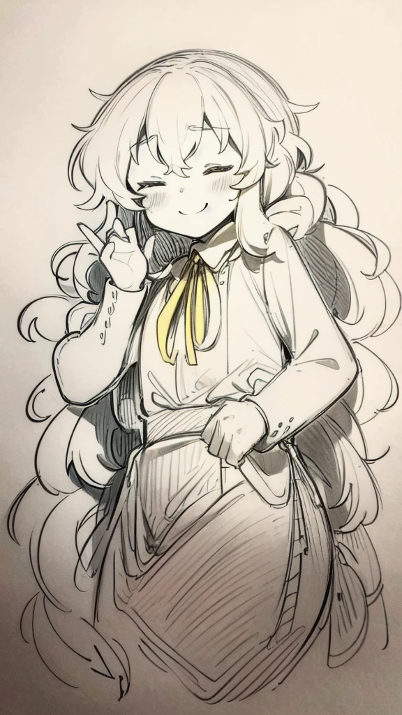 monochrome, eyes closed, yellow bow, light smile, little detailed, Contours, hand-drawn, pencil outlines, sketch type, few facial features, no blush, paceful