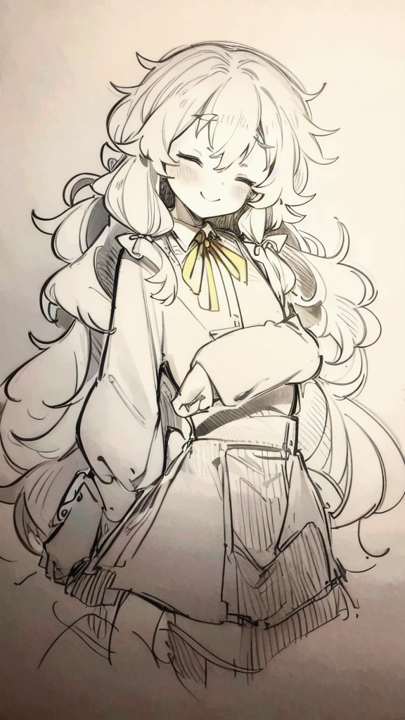 monochrome, eyes closed, yellow bow, light smile, little detailed, Contours, hand-drawn, pencil outlines, sketch type, few facial features, no blush, paceful