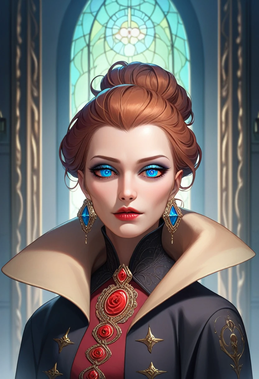 (Extremely detailed CG unity 8k wallpaper),(masterpiece), (best quality), (Extremely detailed), (Best Illustration Award),(The best shadow), A beautiful vampire ,(Sharp eyeliner, Eyeshadow, Exquisite eyes:1.1),(Black trench coat), Bright blue eyes, In a dark environment.