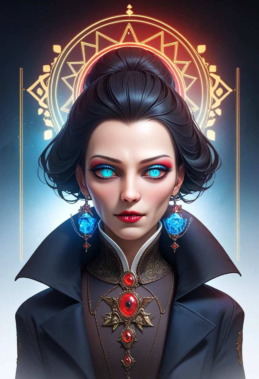 (Extremely detailed CG unity 8k wallpaper),(masterpiece), (best quality), (Extremely detailed), (Best Illustration Award),(The best shadow), A beautiful vampire ,(Sharp eyeliner, Eyeshadow, Exquisite eyes:1.1),(Black trench coat), Bright blue eyes, In a dark environment.