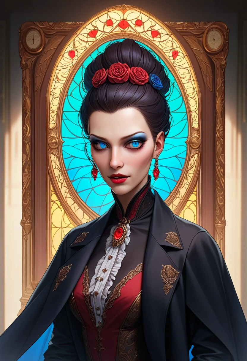 (Extremely detailed CG unity 8k wallpaper),(masterpiece), (best quality), (Extremely detailed), (Best Illustration Award),(The best shadow), A beautiful vampire ,(Sharp eyeliner, Eyeshadow, Exquisite eyes:1.1),(Black trench coat), Bright blue eyes, In a dark environment.