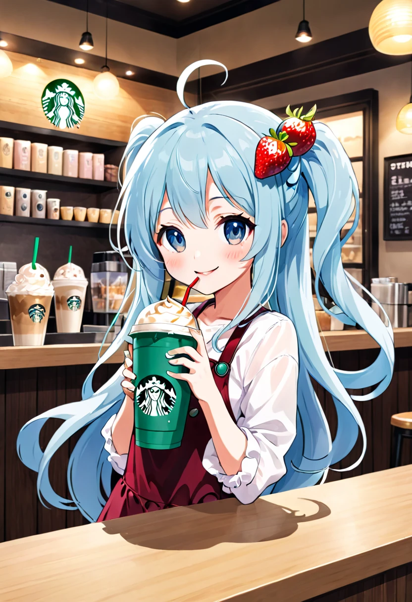 アニメのちびキャラ drinking starbucks coffee with a straw in her hand, A lively Starbucks interior、Light blue long hair、Twin-tailed anime chibi character、A cute anime chibi character with a bright smile, (Anime Girls), Cute girl anime visuals, Mysterious Coffee Shop Girl, young Anime Girls, Beautiful anime art style, Anime illustration, beautiful Anime Girls, Drink strawberry iced latte